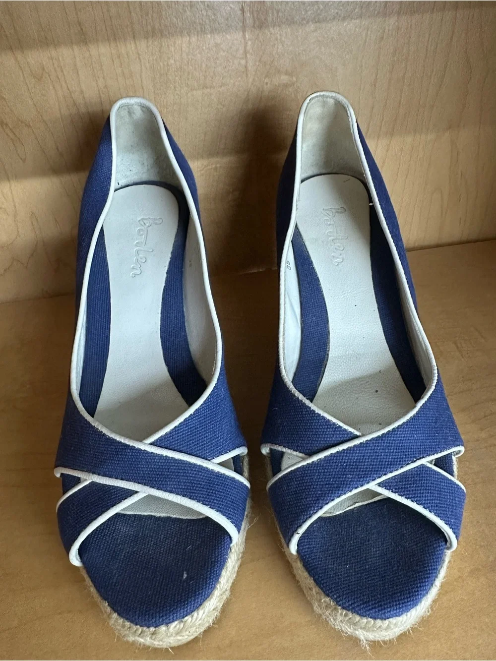 Boden Navy Espadrille Wedge Peep-Toe Heels size 38 women’s beige